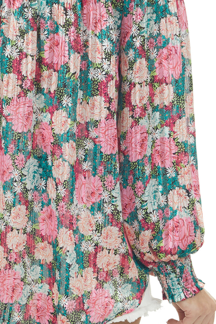 Teal Sheer Floral Off the Shoulder Top