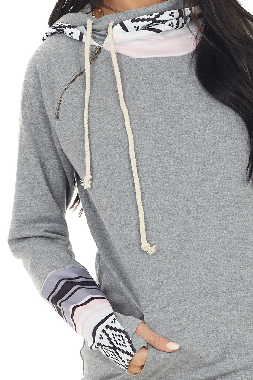 Heathered Stone Double Hooded Hoodie with Aztec Details