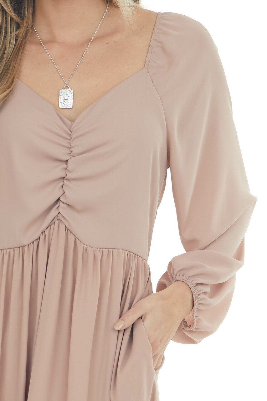 Light Rose Taupe Ruched Long Sleeve Maxi Dress