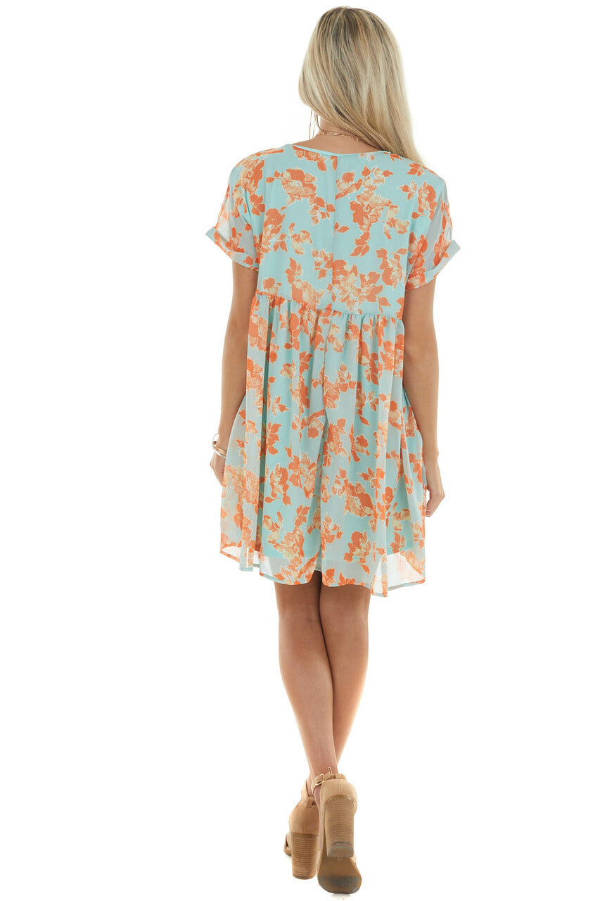 Aqua and Sunset Floral Babydoll Woven Dress