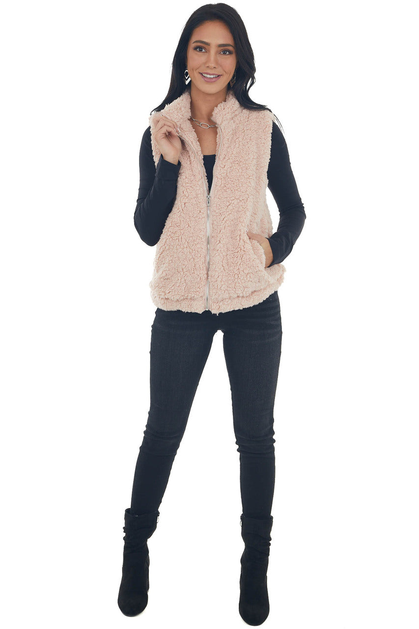 Blush Soft Sherpa Zip Up Vest with Pockets
