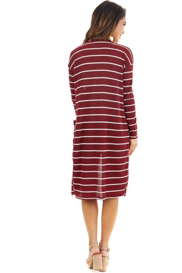 Maroon and Ivory Striped Waffle Knit Cardigan with Pockets back full body