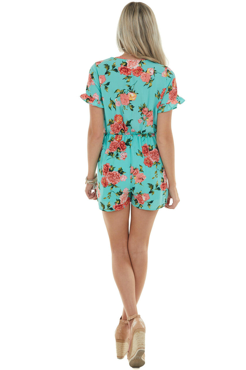 Turquoise and Floral Print Deep V Romper