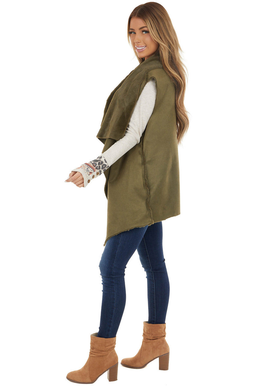 Olive Green Faux Suede Vest with Soft Faux Fur Lining