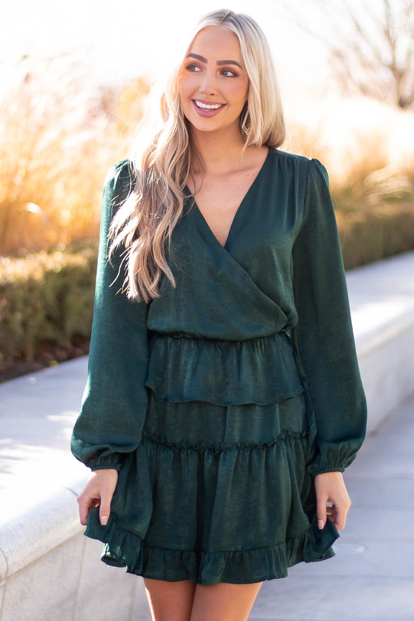 Forest Green Tiered Satin Surplice Dress