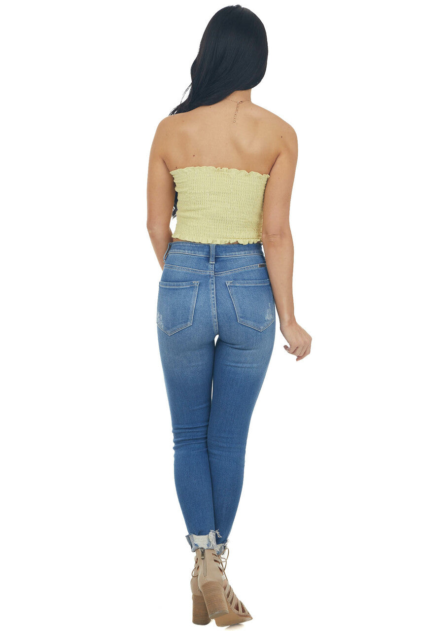 Straw Strapless Smocked Woven Crop Top with Tie Detail