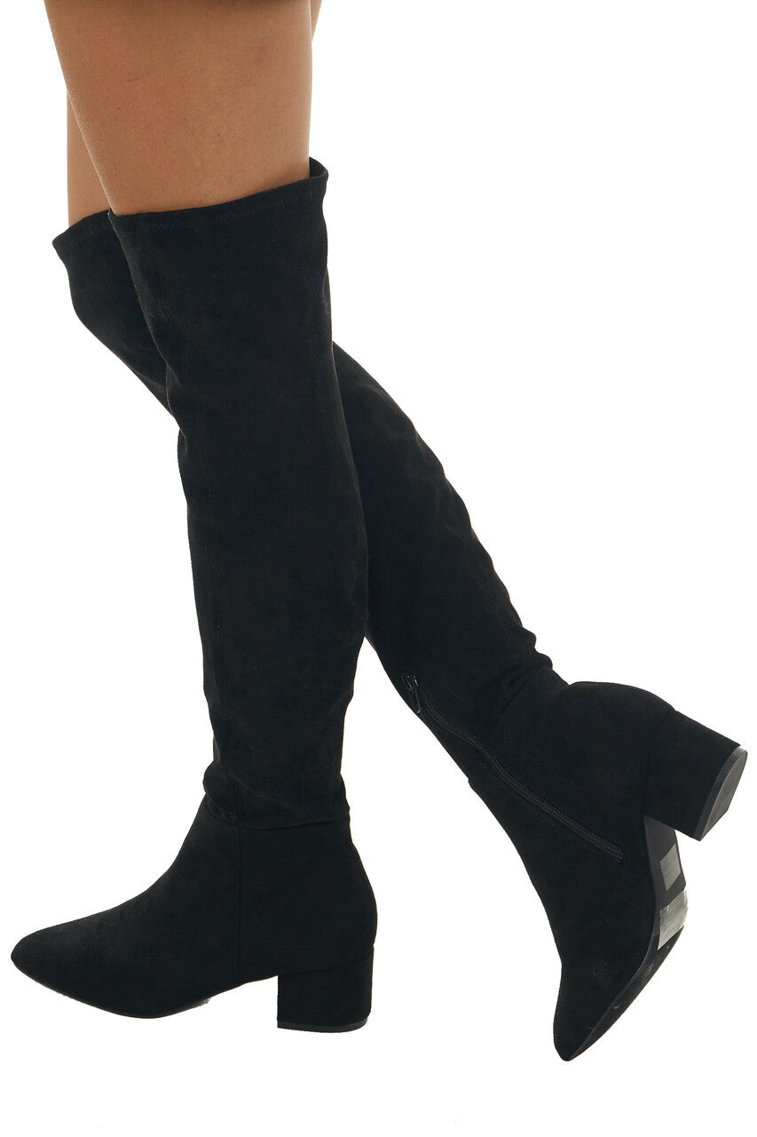 Black Faux Suede Knee High Chunky Heel Boots
