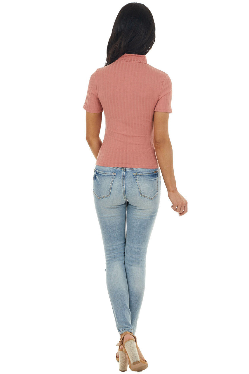 Light Terracotta Chest Cut Out Mock Neckline Ribbed Knit Top