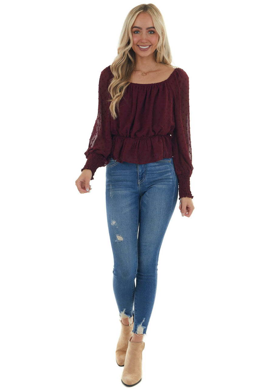 Mahogany Long Sleeve Peplum Swiss Dot Blouse