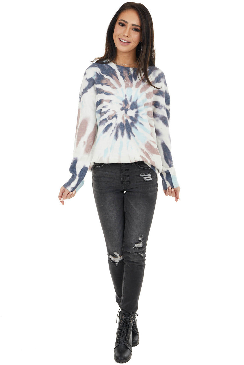 Off White Tie Dye Fuzzy Knit Long Sleeve Lightweight Sweater