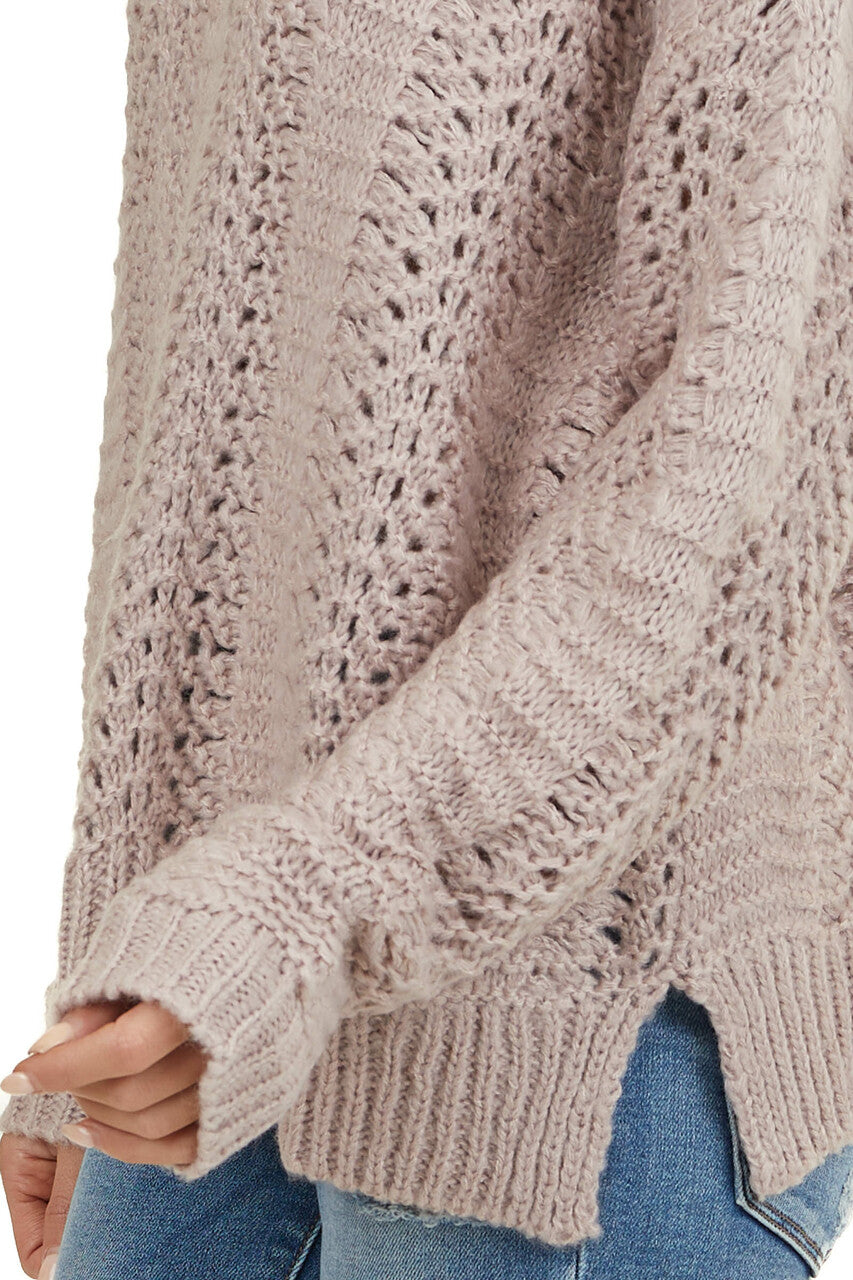 Light Mauve Loose Knit Fuzzy Sweater with Ribbed Trim