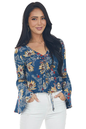 Navy Floral Print Blouse with Long Sleeves