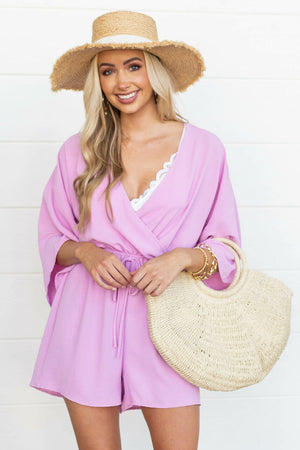 Orchid 3/4 Kimono Sleeve Romper with Elastic Waistline 