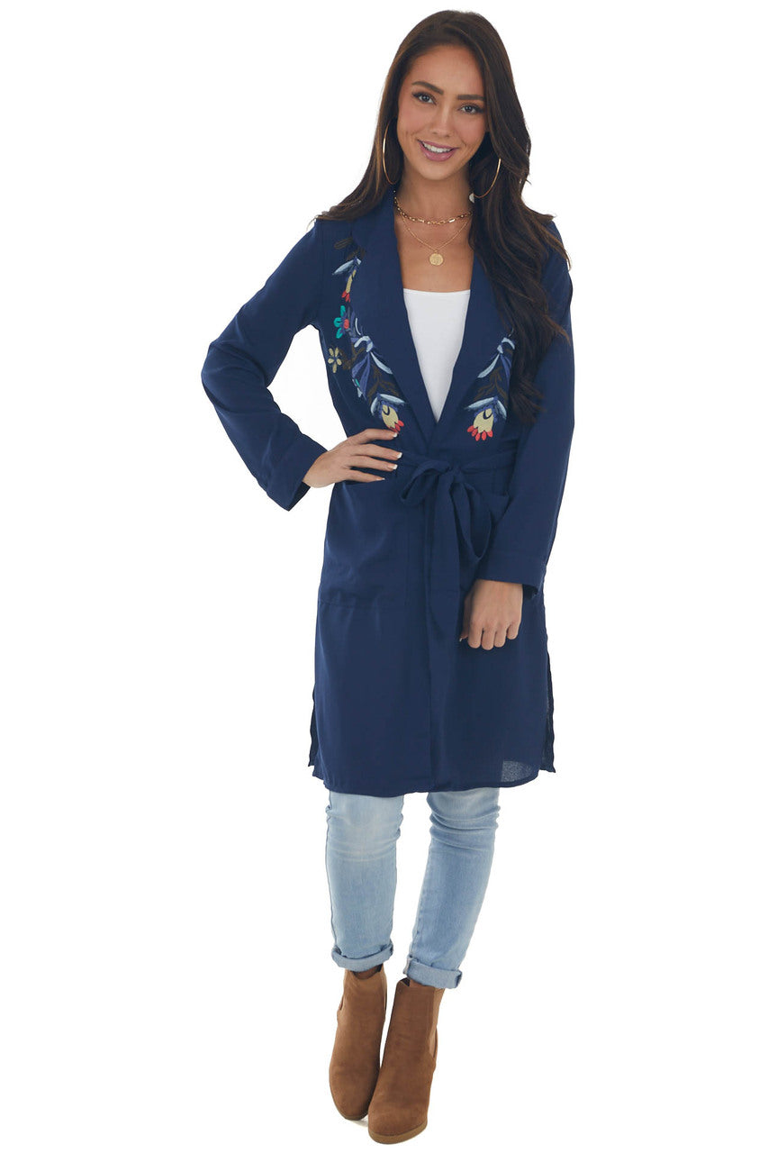 Navy Floral Embroidered Open Midi Jacket 