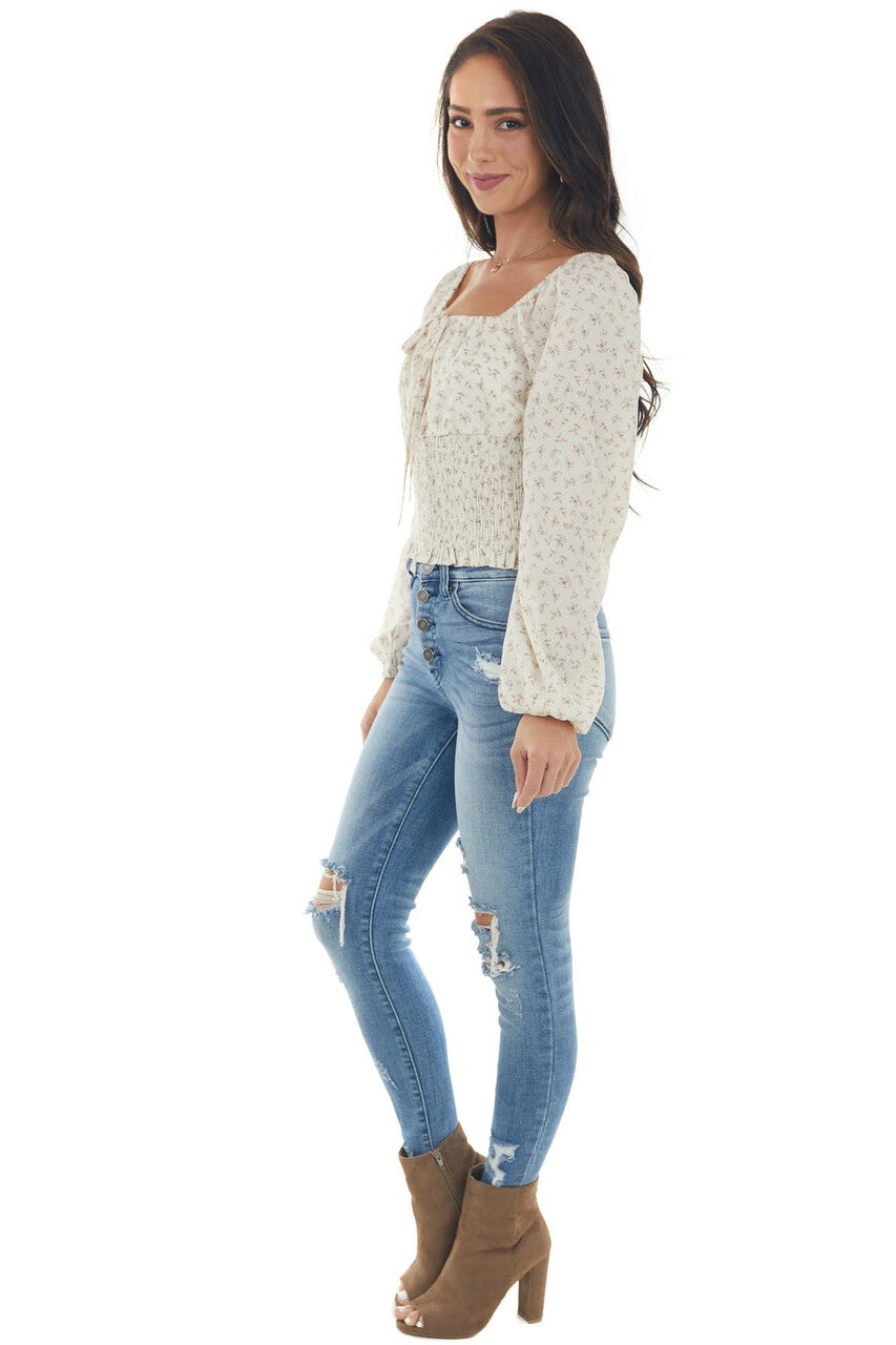 Ivory Floral Smocked Waist Peasant Cropped Top