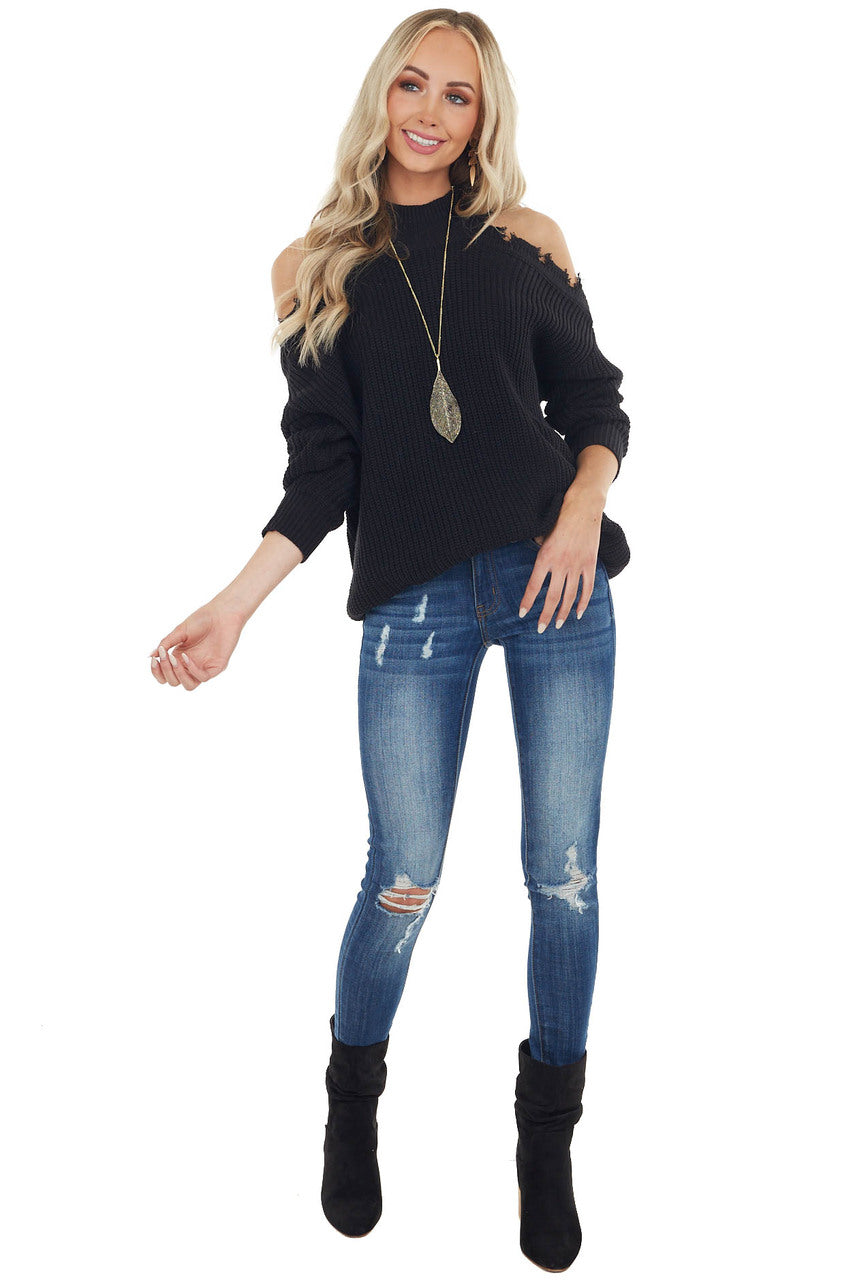 Black Stretchy Knit Distressed Cold Shoulder Sweater