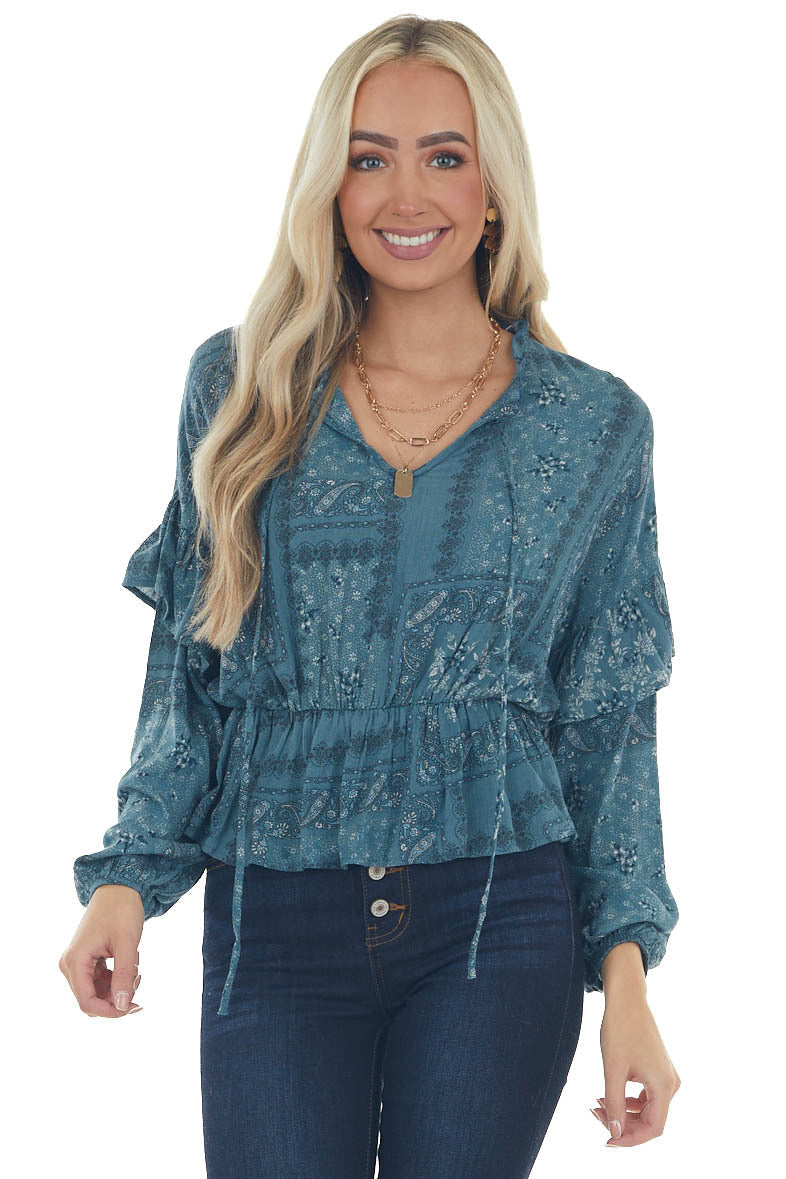 Sea Blue Printed Long Sleeve Peplum Fit Blouse