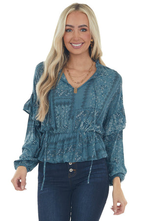 Sea Blue Printed Long Sleeve Peplum Fit Blouse