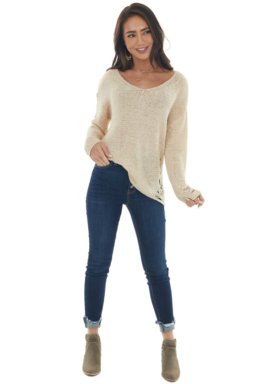 Sand Lightweight Heavily Distressed Sweater