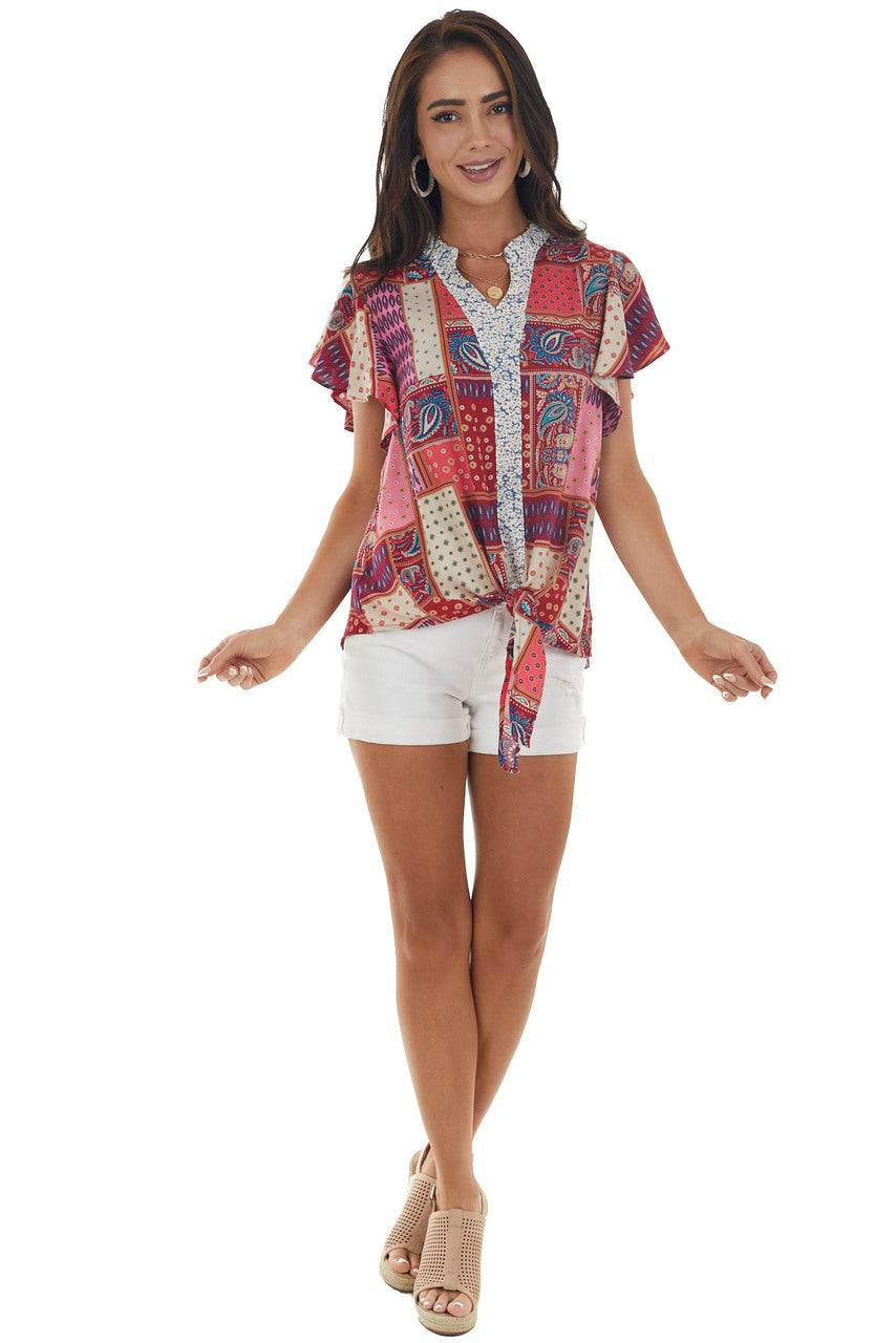 Maroon Printed Top with Front Tie Detail