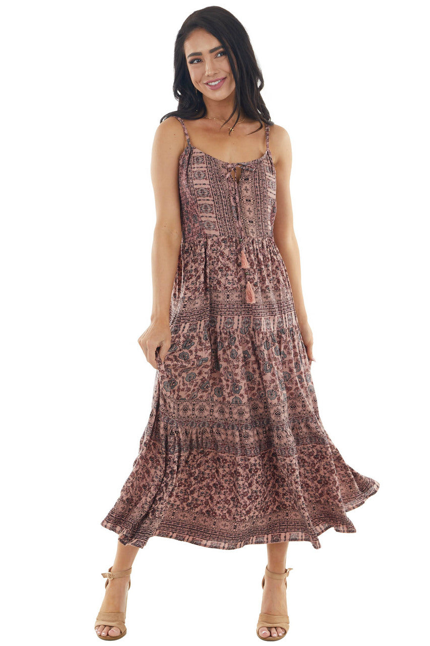 Dusty Rose Floral Print Tiered Midi Dress with Tie Details