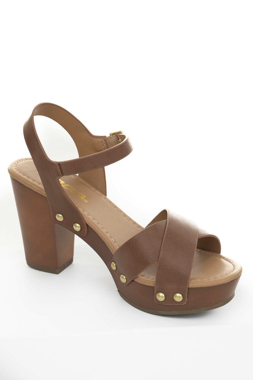 Coffee Studded Block Heels with Ankle Strap