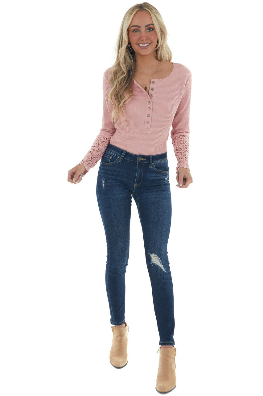 Bubblegum Long Lace Sleeve Ribbed Henley Top