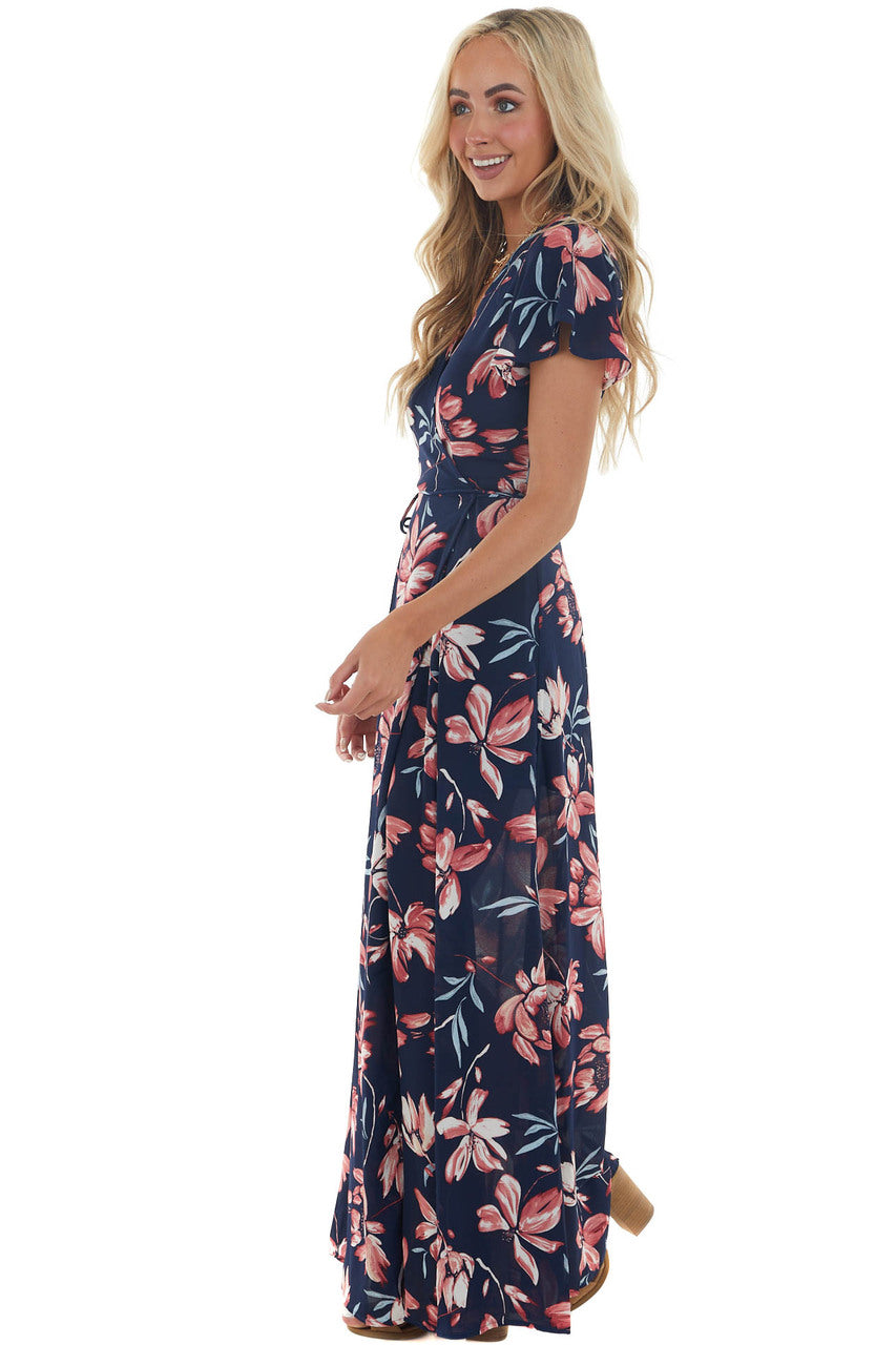Navy Floral Print Wrap Maxi Dress with Tie 