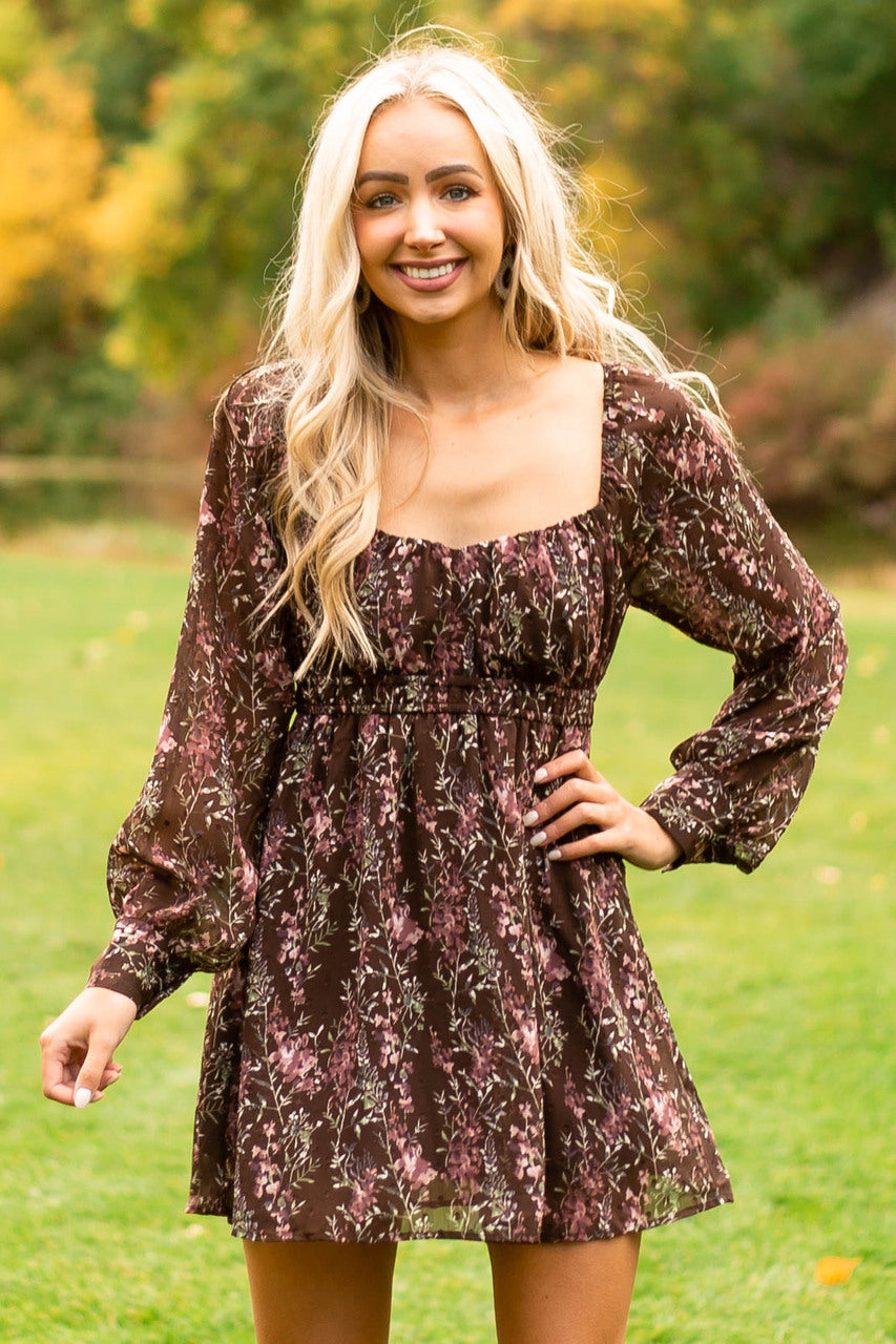 Chocolate Floral Long Sleeve Woven Romper 