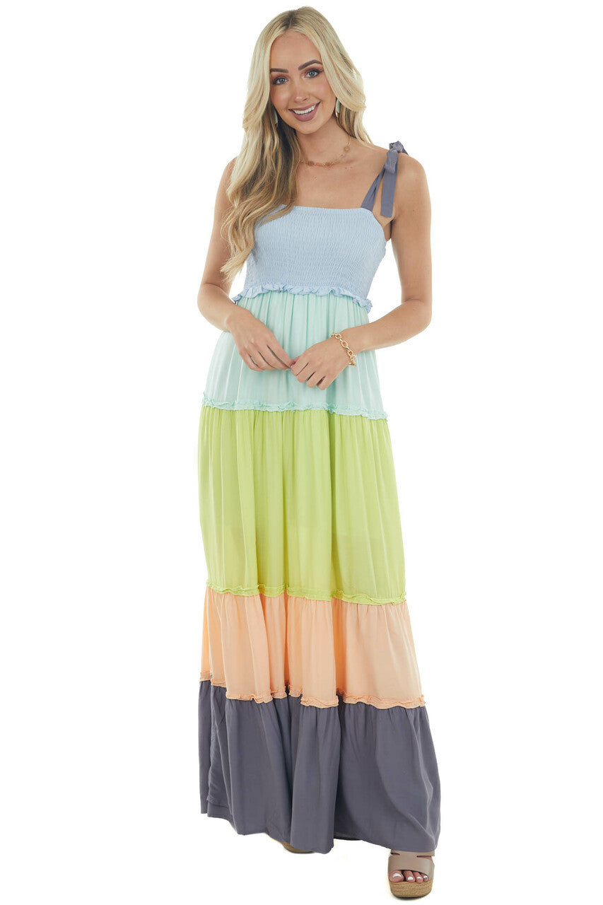 Aqua Colorblock Tiered Maxi Dress with Tie Straps