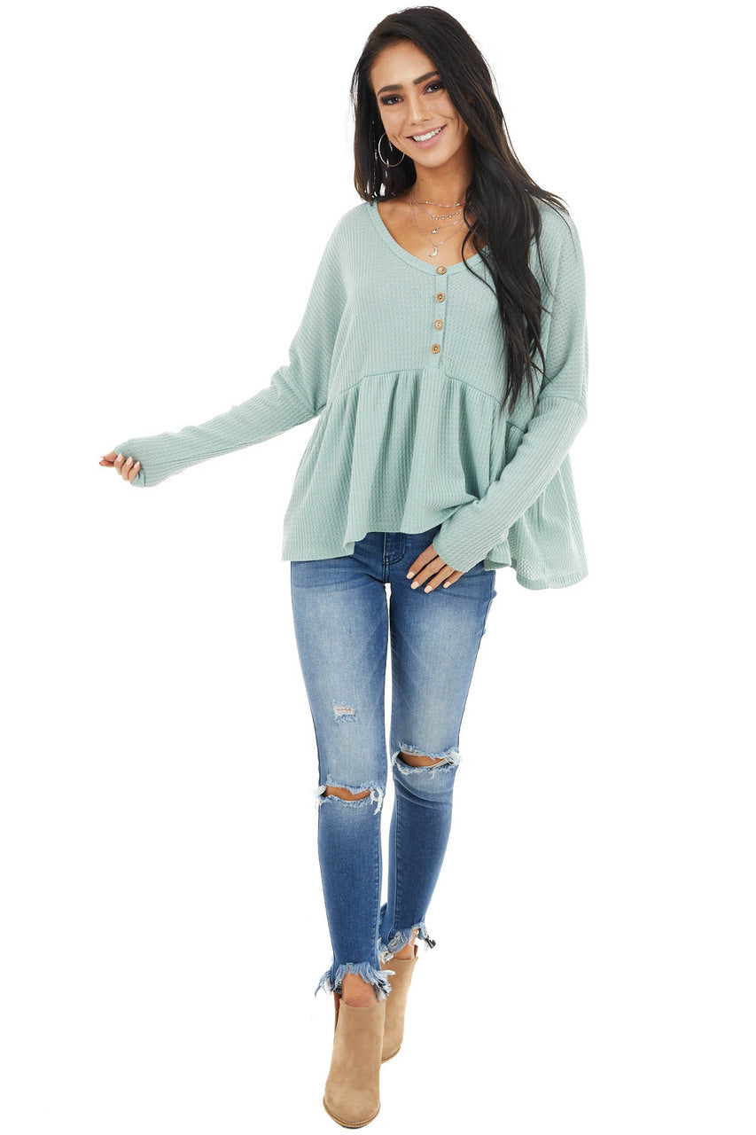 Seafoam Henley Oversized Long Sleeve Babydoll Knit Top