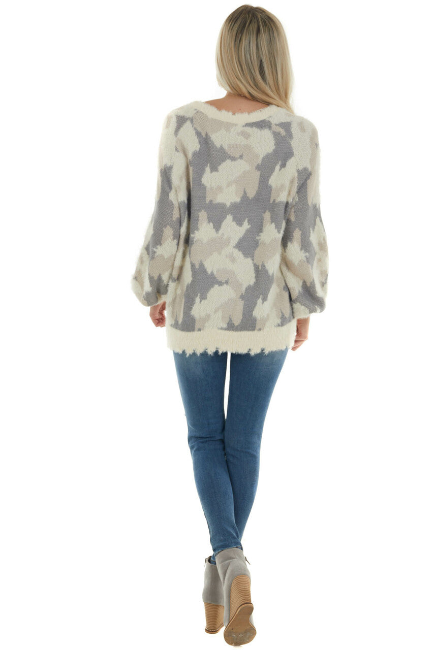 Cream and Slate Grey Abstract Print Fuzzy Sweater