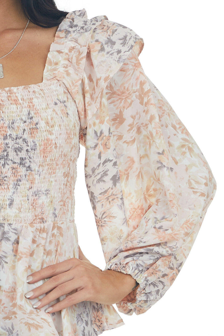 Apricot Floral Long Sleeve Smocked Blouse