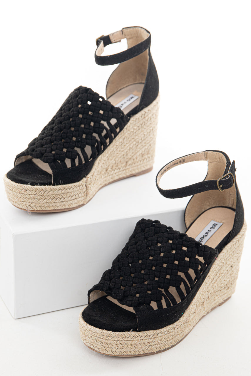 Black Basket Woven Espadrille Wedge with Ankle Strap
