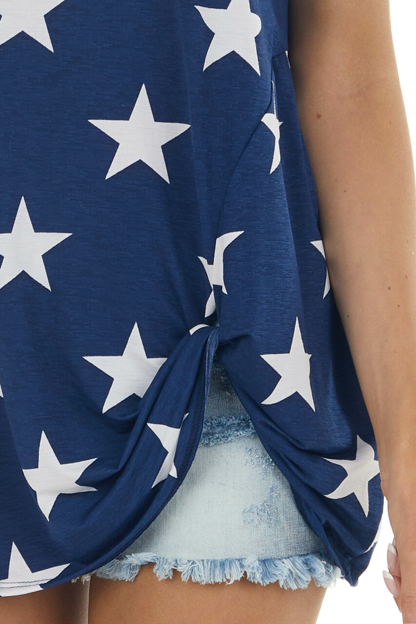 Navy American Flag Print Short Sleeve Knit Top with Twist Front 
