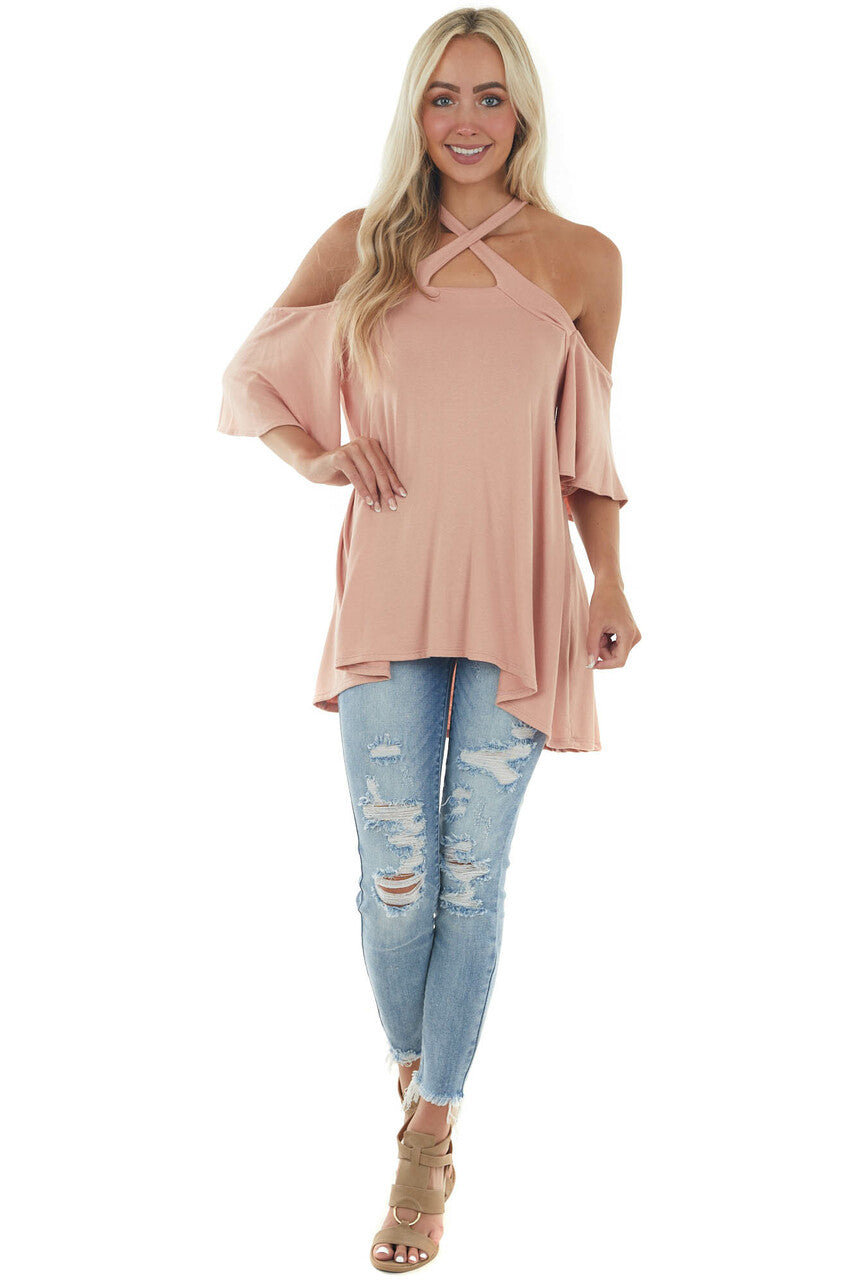 Peach Flutter Sleeve Cold Shoulder Halter Top
