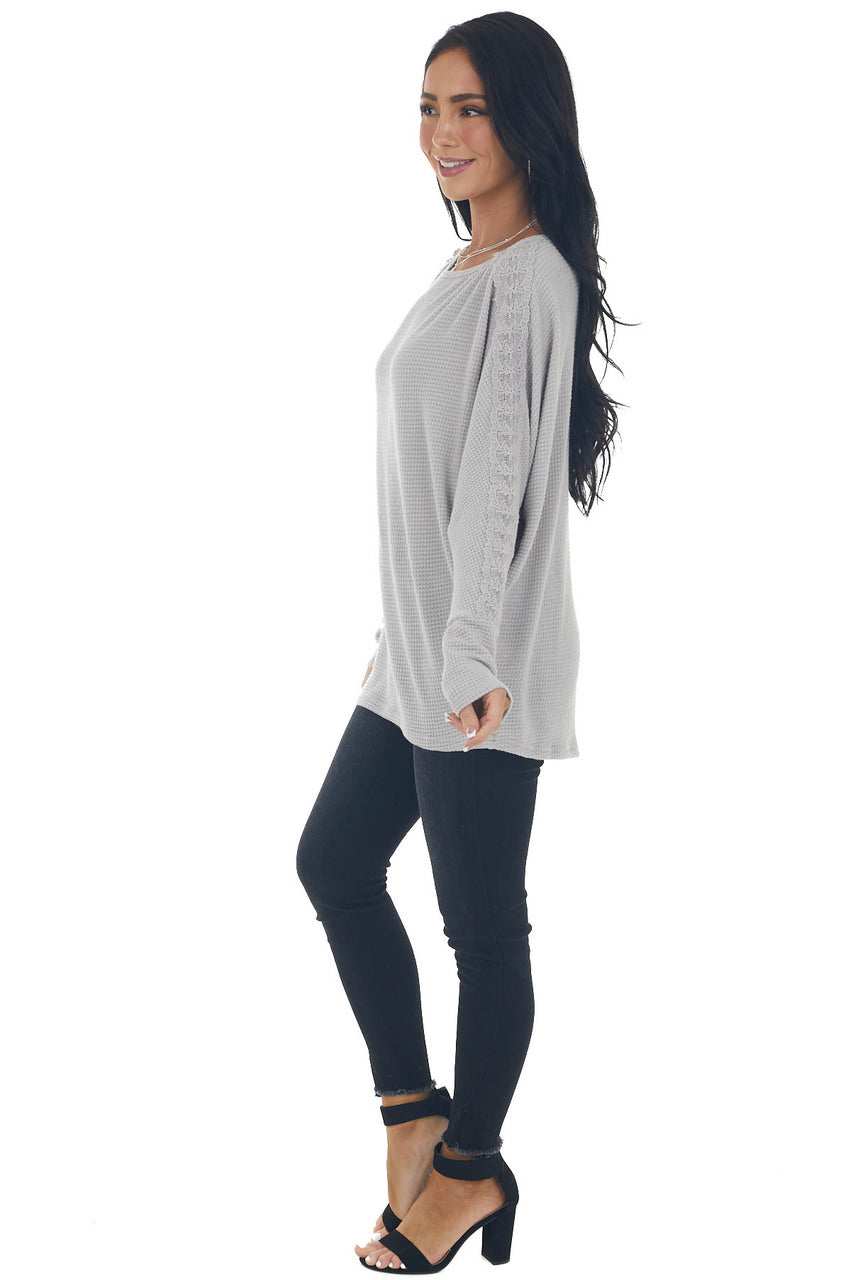 Dove Grey Waffle Knit Dolman Lace Sleeve Top 