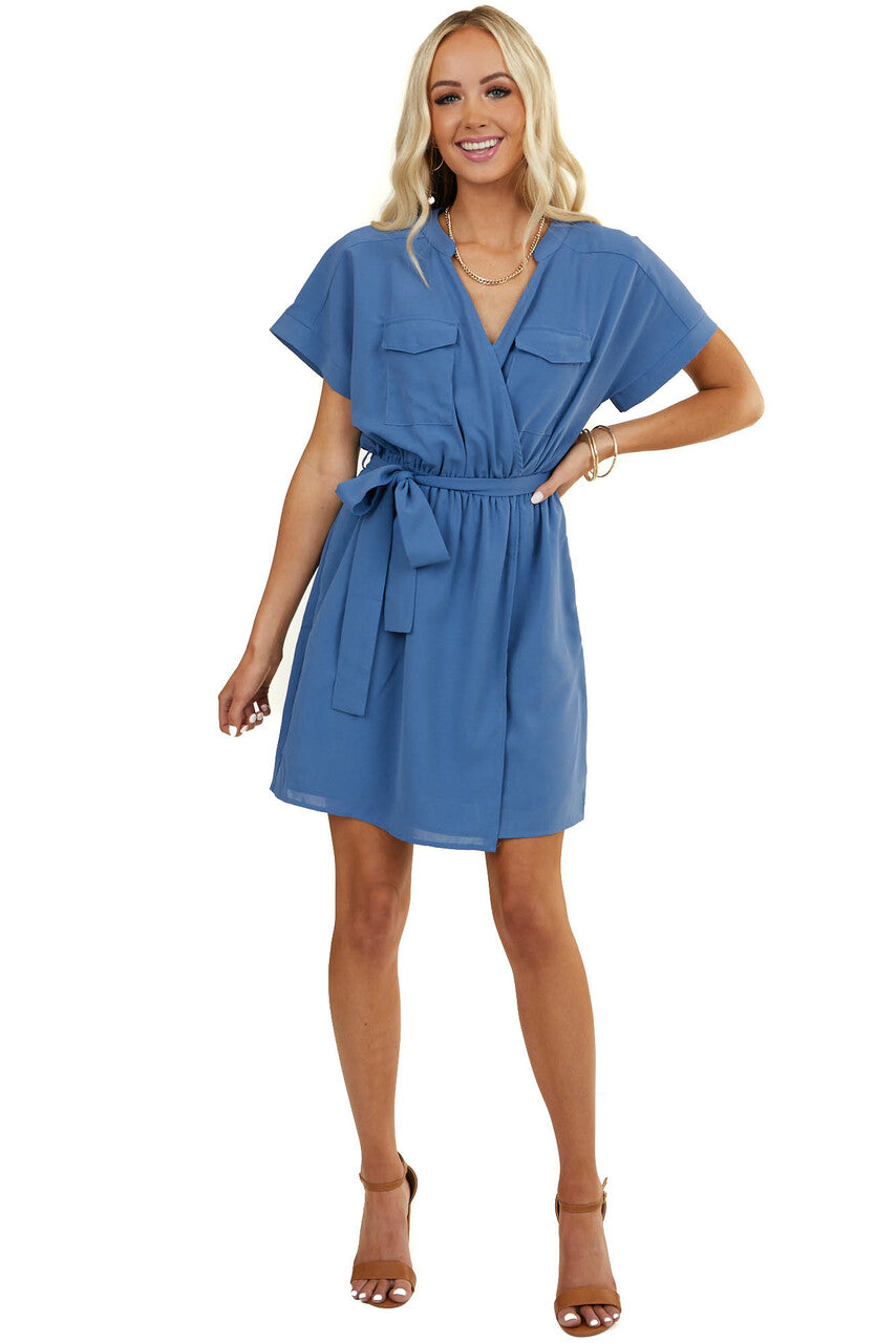 Dusty Blue Surplice Dress with Waist Tie and Pockets