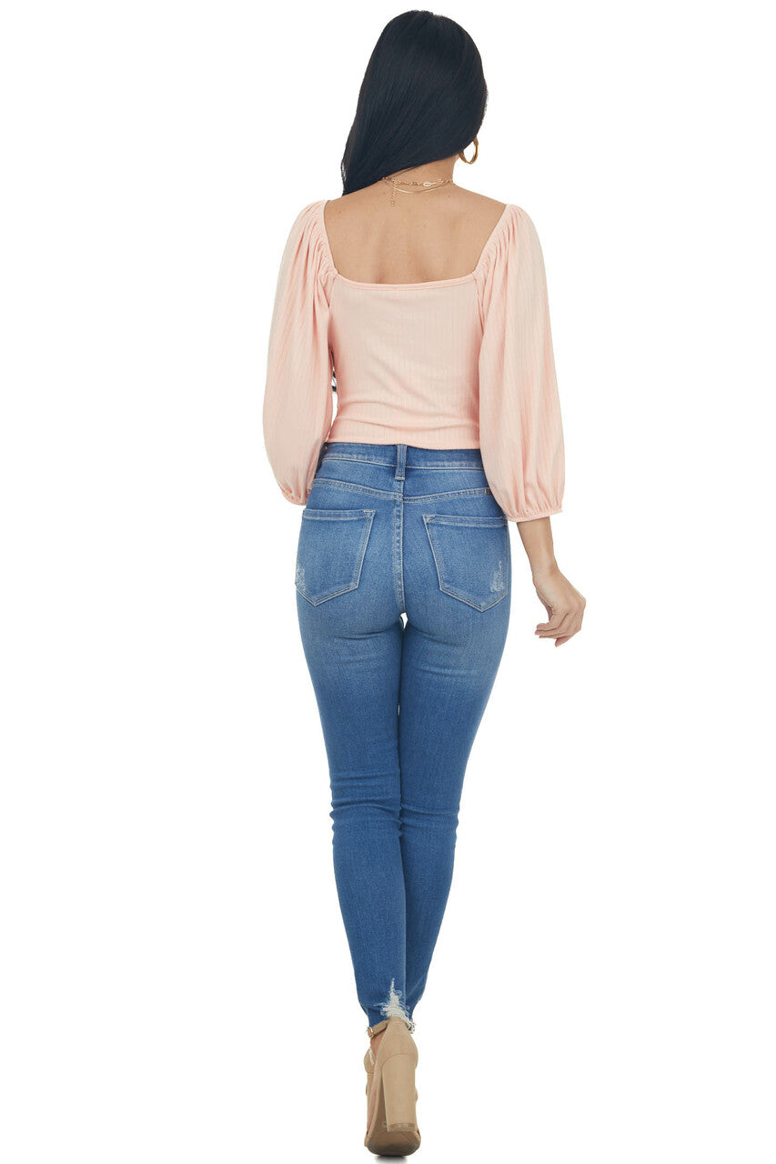 Pale Salmon Square Neck Bubble Sleeve Bodysuit