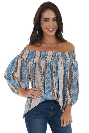 Dusty Blue Printed Smocked Off Shoulder Blouse