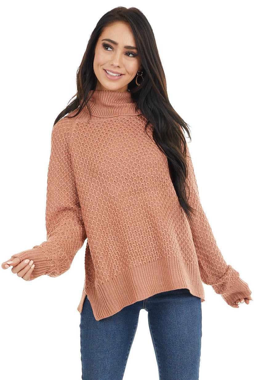 Terracotta Waffle Knit Turtleneck Sweater with Long Sleeves