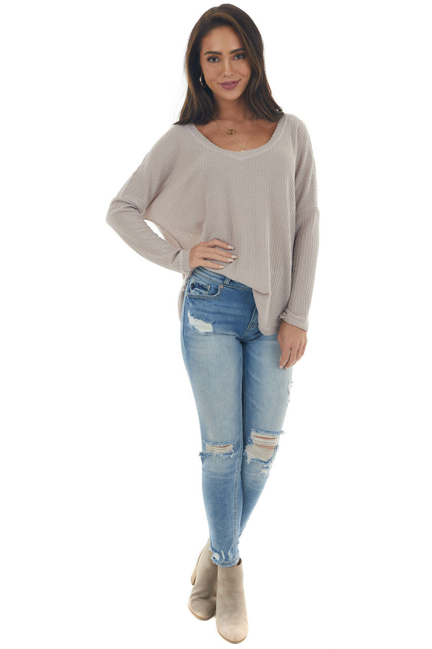 Light Taupe Raw Edge V Neck Waffle Knit Top