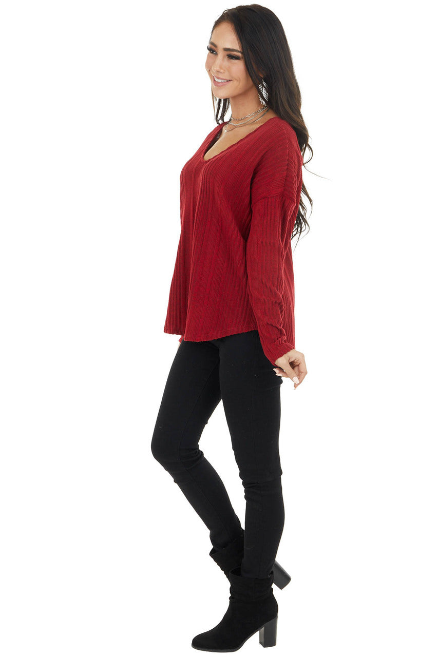 Maroon Long Sleeve Wide Neck Knit Top with Ribbed Detail