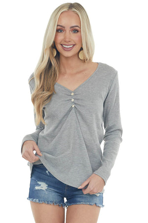 Steel Waffle Knit Top with Button Detail