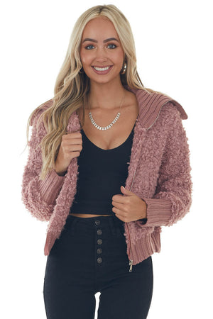 Rose Teddy Turtleneck Zip Up Sweater Jacket 