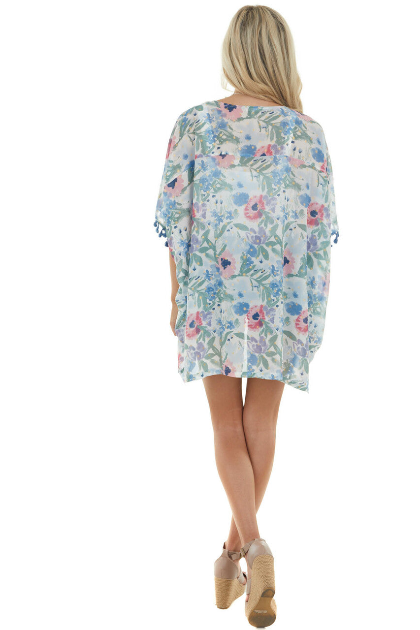 Dusty Blue Floral Chiffon Open Front Kimono