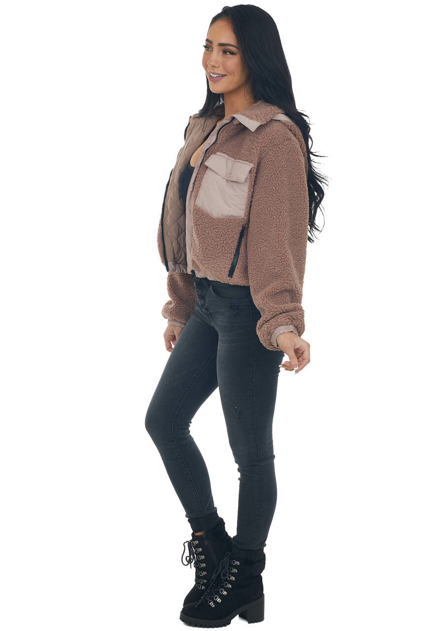 Rose Taupe Mock Neck Hooded Cozy Teddy Jacket 