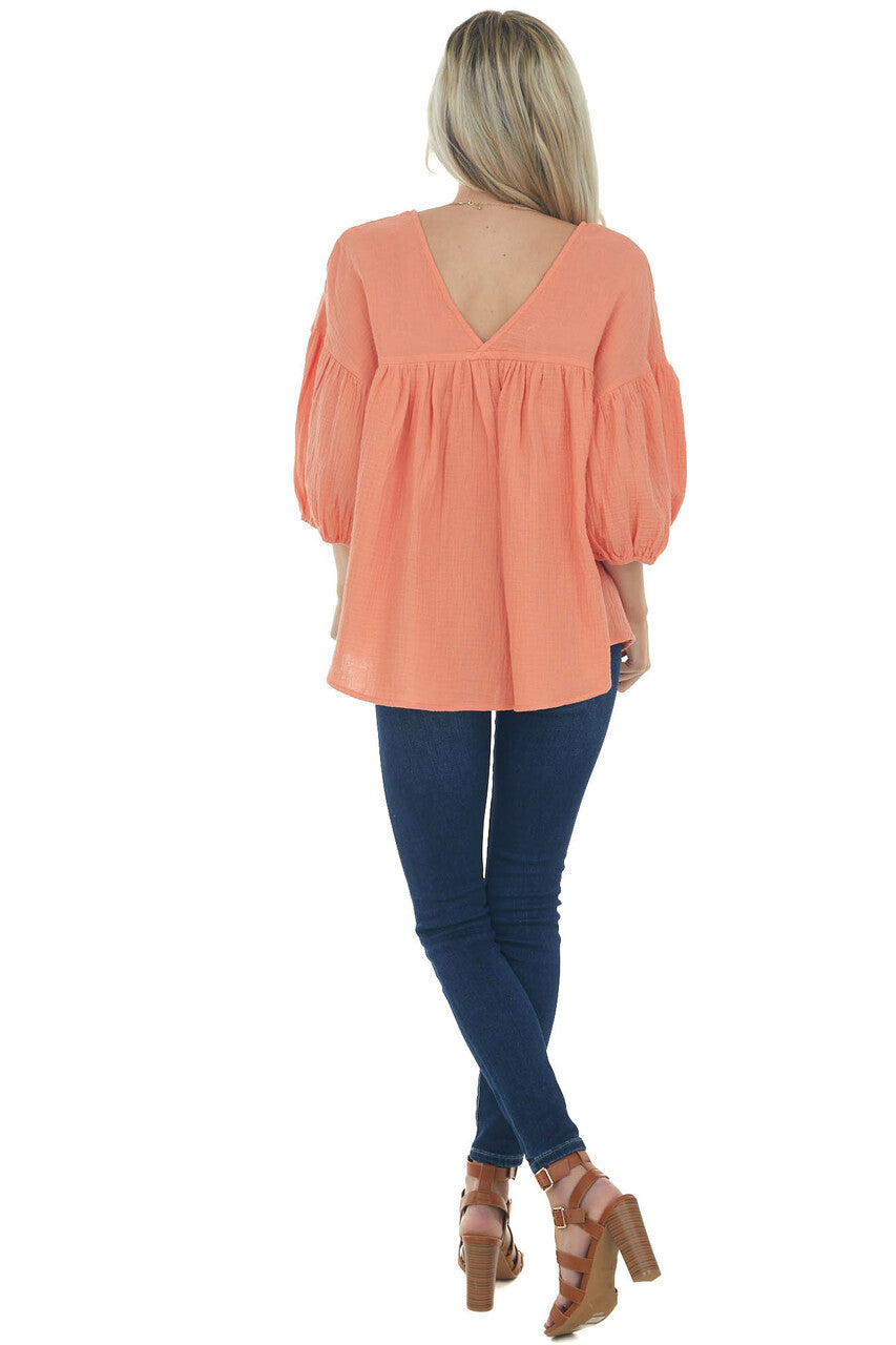 Vivid Salmon Textured V Neck Babydoll Top