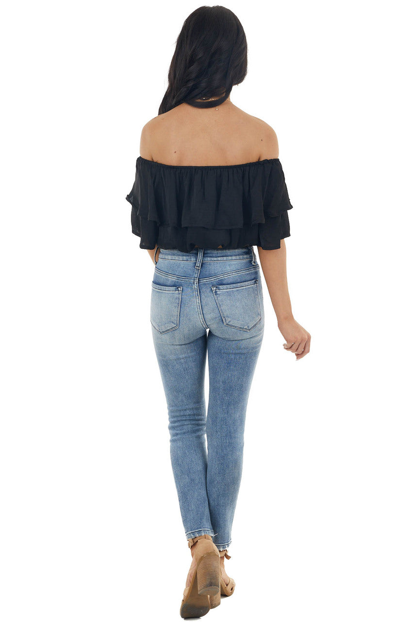 Black Off the Shoulder Short Sleeve Overlaying Crop Top 
