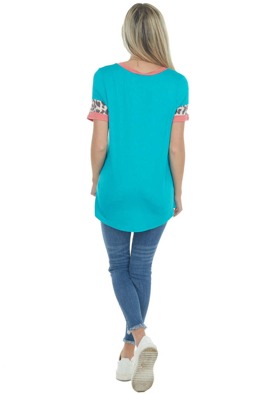 Bright Teal Ringer V Neck Top with Leopard Print Contrast